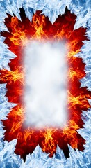 A striking visual of fire and ice, framed by intricate icy shards, creating a captivating contrast of blazing flames and frosty structures.
