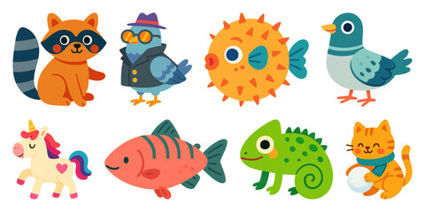 Fototapeta premium PNG Colorful cartoon animal illustrations, element set on transparent background