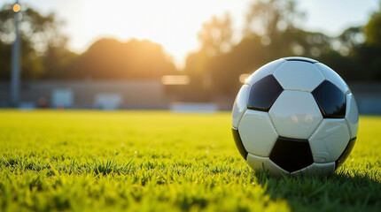 Fototapeta premium Classic Soccer Ball on Green Grass Field in Sunlight – Outdoor Sports Scene for Football Practice or Match