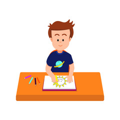 A boy colors a sun he previously sketched in his drawing book