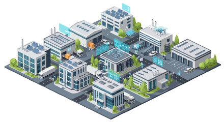 Flat isometric illustration of smart city with autonomous vehicles, drones delivering packages, connected traffic lights, and high-rise buildings equipped with wireless networks, isolated on white