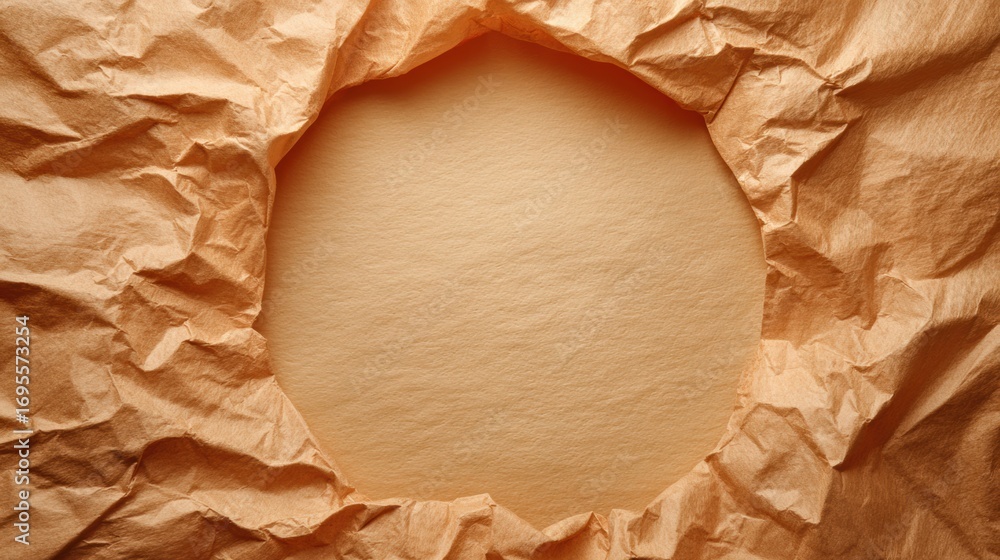 Poster crumpled paper creating an empty circular frame against a smooth beige background, perfect for showc