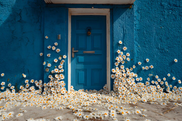 a blue door with white flowers on the ground