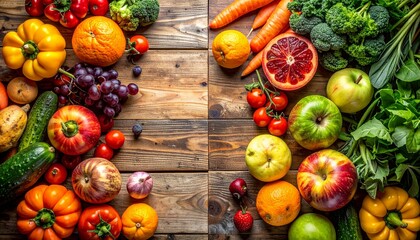 Fresh products fruits and vegetables artistically arranged on a wooden background