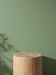 Fototapeta premium Natural wooden log podium with soft leaf shadows on a muted green background