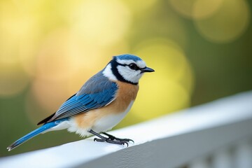 Obraz premium Blue tit songbird perched on white railing in natural outdoor setting with bright bokeh background, closeup wildlife photography