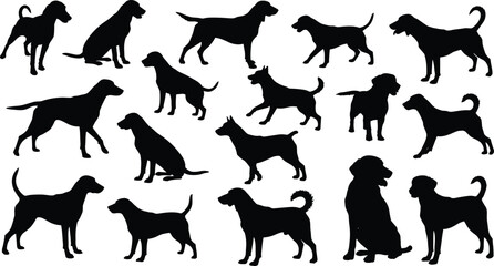 Collection of dog silhouettes in different poses, standing sitting walking and playing, pet animal vector illustration for stock design
