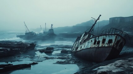 Fototapeta premium Ghostly Shipwrecks: A Moody Seascape of Decaying Vessels