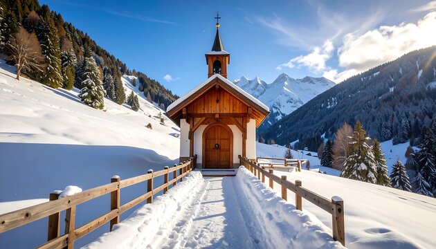 Scenic winter landscape with a small chapel in the snowy mountains on a sunny day