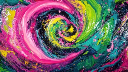 Vivid abstract painting showcasing a swirling vortex of colorful, mixed, textured paint