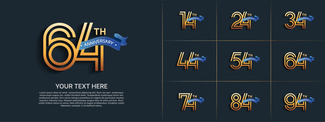 Anniversary logo set with double line number style. gold color with blue ribbon can be use for special moment