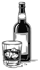Black and white illustration of a bottle of liquor and a glass with ice.