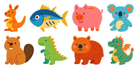 PNG Colorful cartoon animal illustrations, element set on transparent background