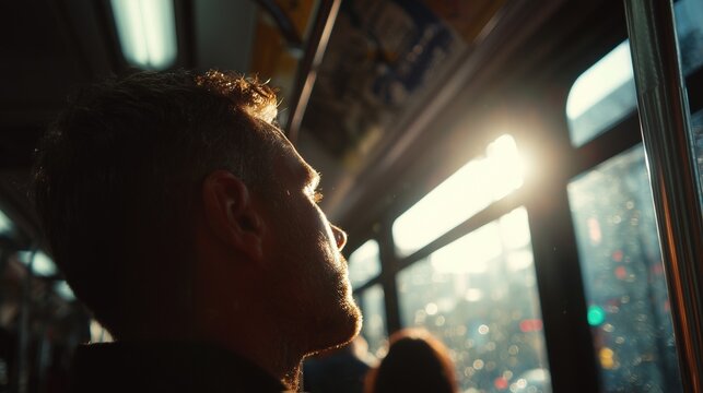 Pensive man riding a city bus at sunrise, symbolizing mindful commuting, urban lifestyle, daily routine, stress relief, self reflection, and mental health balance.