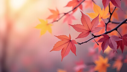 Vibrant autumn maple leaves in pink, orange, purple, and yellow floating on soft background 