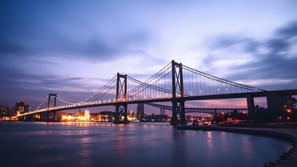 Naklejka premium Silhouetted suspension bridge at dusk with city lights