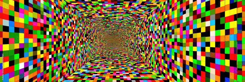 Poster colorful tunnel pattern creates a vibrant visual illusion of depth and movement in a digital artwork