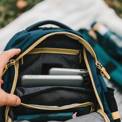 4k high quality Ai generative HD art work photo realistic store teenager college university whats inside backpack back to school supplies notebook book memo background boys men tab phone