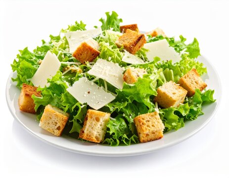 Fresh Caesar salad with crisp romaine lettuce, golden croutons, and shaved Parmesan cheese on a white plate.