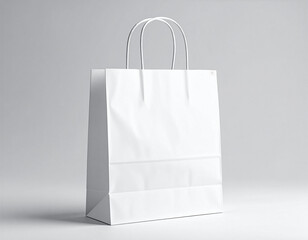 Blank paper shopping bag with handles, standing on neutral background, studio lighting  mockup
