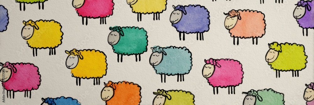 Poster colorful sheep with bows grazing in a whimsical pattern creating a playful atmosphere