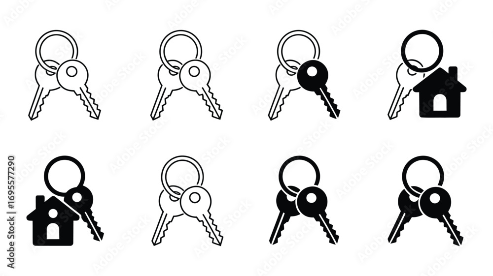 Poster vector art of set of keys with house keychain vector illustration of keychains with keys in differen