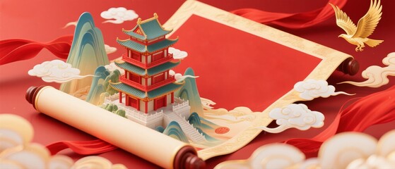 Traditional Chinese architecture with scroll and auspicious elements