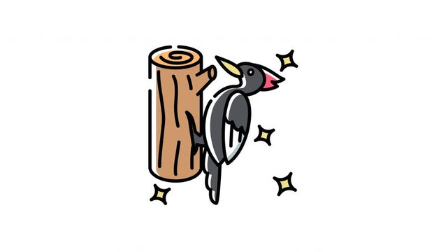 Woodpecker icon cartoon motion animates the woodpecker on a tree trunk with sparkling stars delightfully.