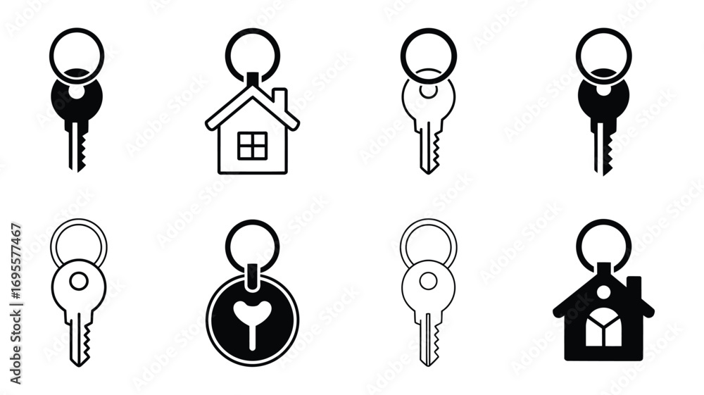 Poster vector art of collection of various key designs, including houseshaped keychains, , offering diverse
