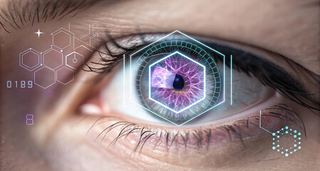 A close up of an eye with digital interface elements and a hexagon around the iris area vision