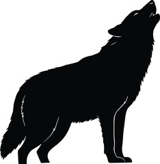 Black silhouette of howling wolf standing tall, wild animal vector illustration, wilderness symbol representing strength, freedom, nature and wildlife design