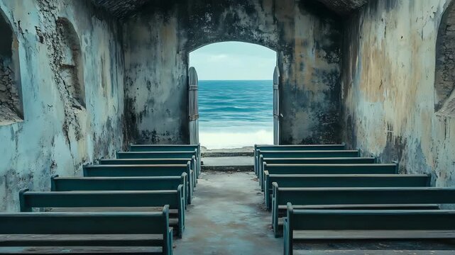 Ocean View Chapel Serene Interior of an Abandoned Coastal Church