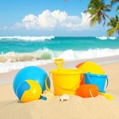 Colorful beach toys on sand