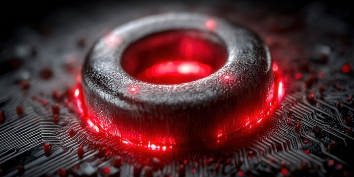 Intricate circuit board with a bright red glowing component, close-up view. - Powered by Adobe