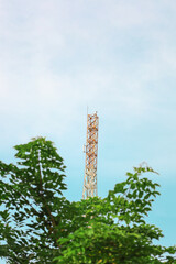 Low Angle Rusty Metal Telecommunications Tower Over Green Tree Branches Scenery