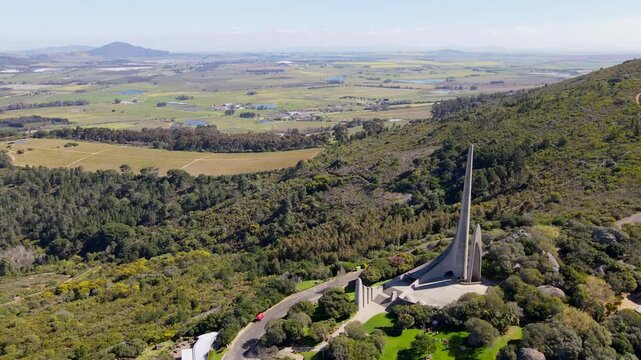 Symbolic pillars of famous Afrikaans Language monument on Paarl Mountain, aerial
