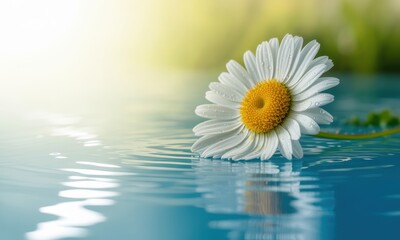 Fresh white daisy flower with water droplets gently floating on serene blue water surface
