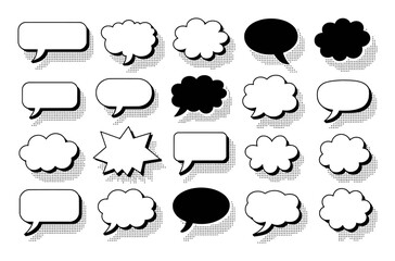 Collection of Diverse Speech Bubbles and Thought Clouds with Halftone Shadows
