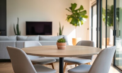 Fototapeta premium Modern open plan living and dining room with round table and sofa in contemporary home
