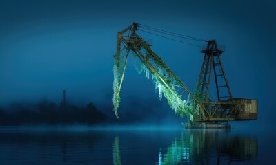 Abandoned industrial tower crane overgrown with bioluminescent flora in a mysterious foggy lake