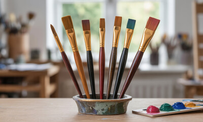 Obraz premium Professional artist paintbrushes and colorful palette on a wooden table in a studio