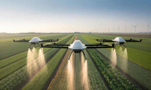 Advanced agricultural drones spraying crops in a green field with wind turbines
