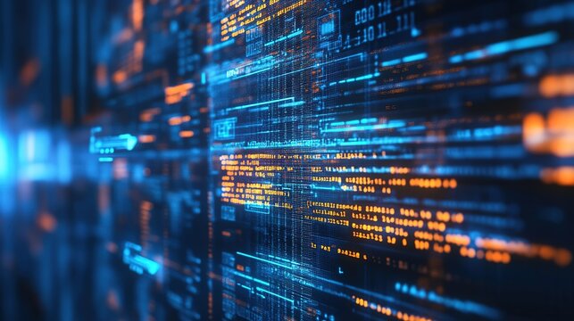 Computer screen displaying code—represents software developer role in creating software, tackling complex programming/data flow; abstract background, blue text glow creates contrast/depth  - Powered by Adobe