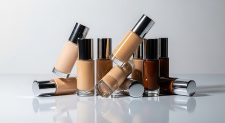 Diverse shades of liquid foundation bottles for all skin tones on white background