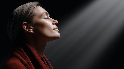 Serenity under the Spotlight: A woman in peaceful meditation. Under the ethereal light, the subject finds solace and inner peace.