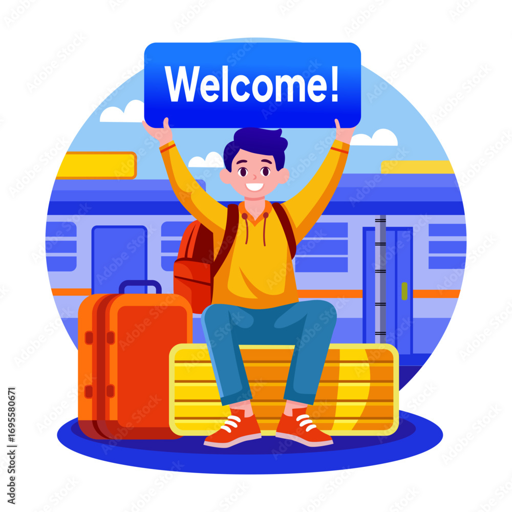 Canvas Prints flat style illustration denoting a character in arrival welcome