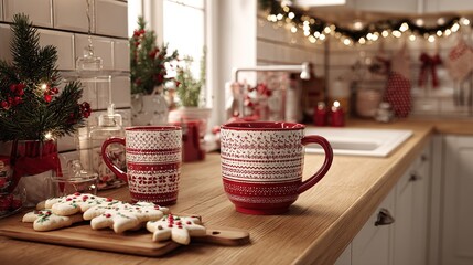 Cozy Christmas Kitchen Decor with Festive Lights, Mugs, and Cookies