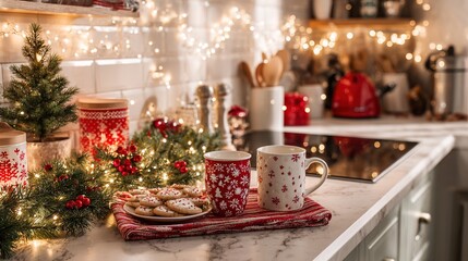 Cozy Christmas Kitchen Decor with Festive Lights, Mugs, and Cookies