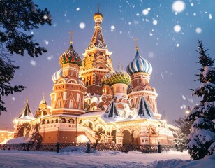 Fototapeta premium St. Basil's Cathedral in Moscow, Russia, illuminated at night during a snowy winter evening with falling snowflakes.