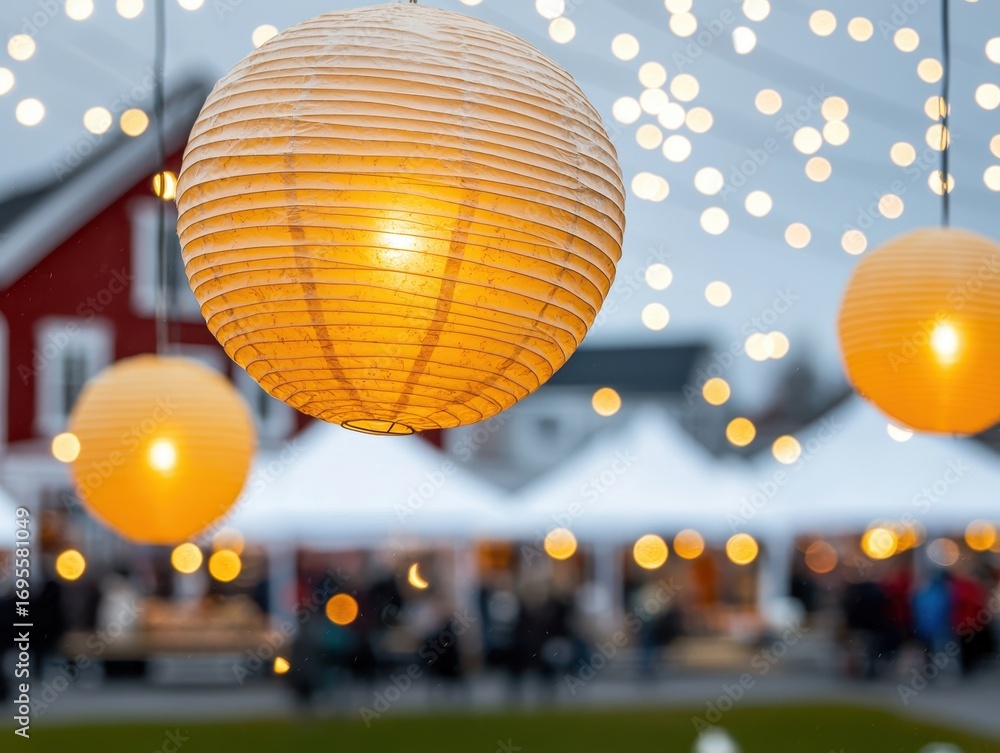 Poster the image features glowing lanterns hanging against a backdrop of festive lights, creating a warm an
